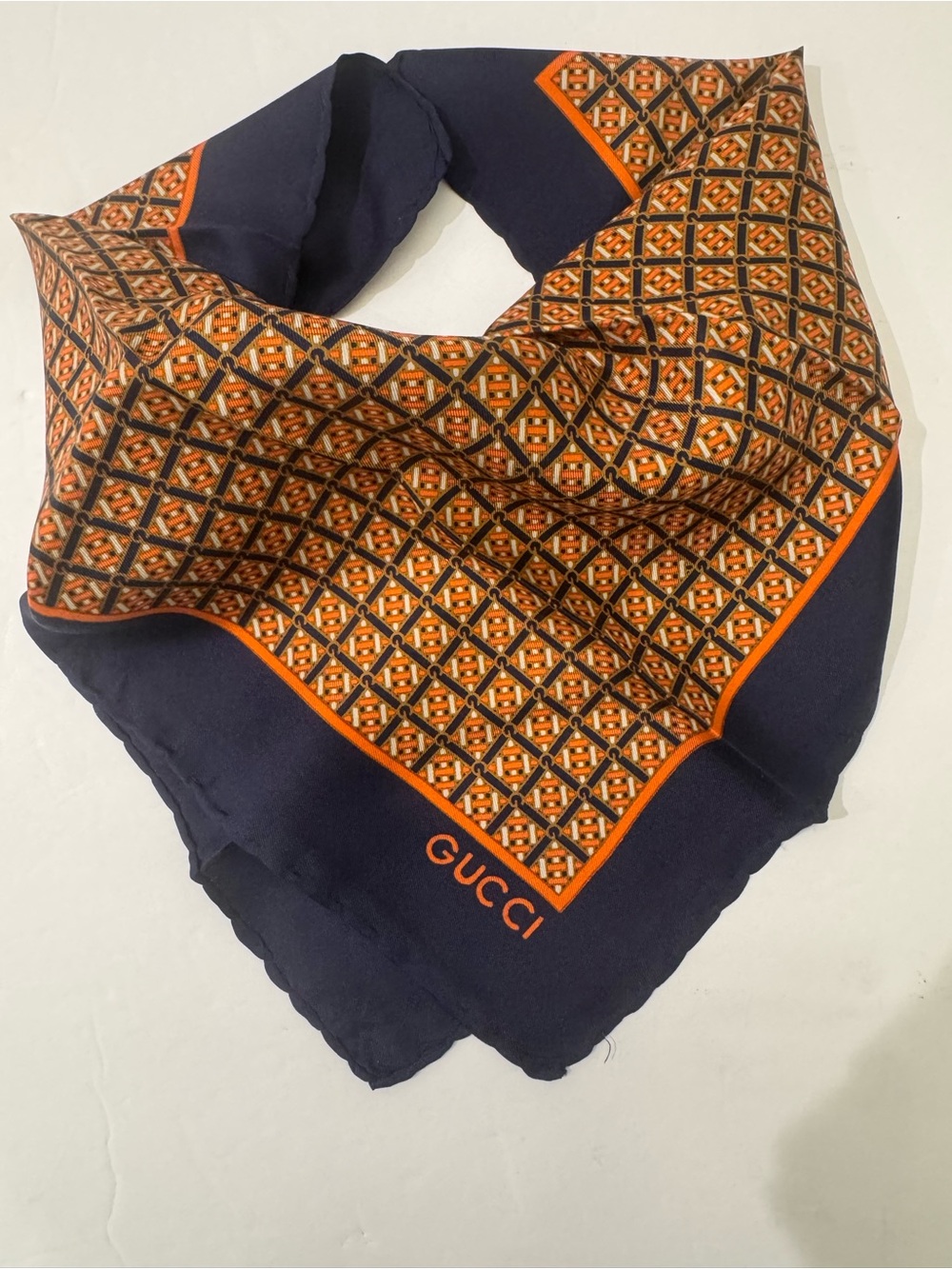 Gucci Navy and Orange Geometric Silk Pocket Square Vintage